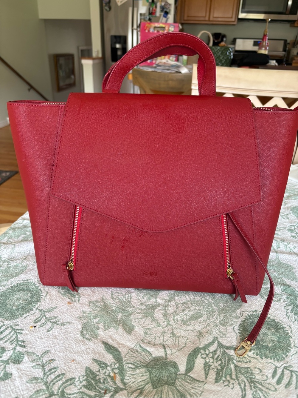 AGIKI convertible Red Leather Structured Top-Handle Tote Bag,